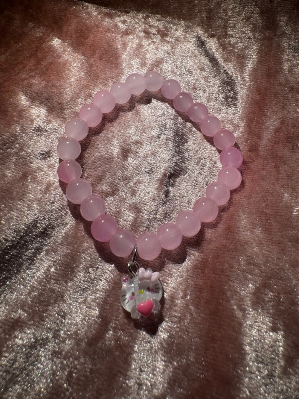 Pink Beaded Stretch Bracelet with Heart kitty Charm